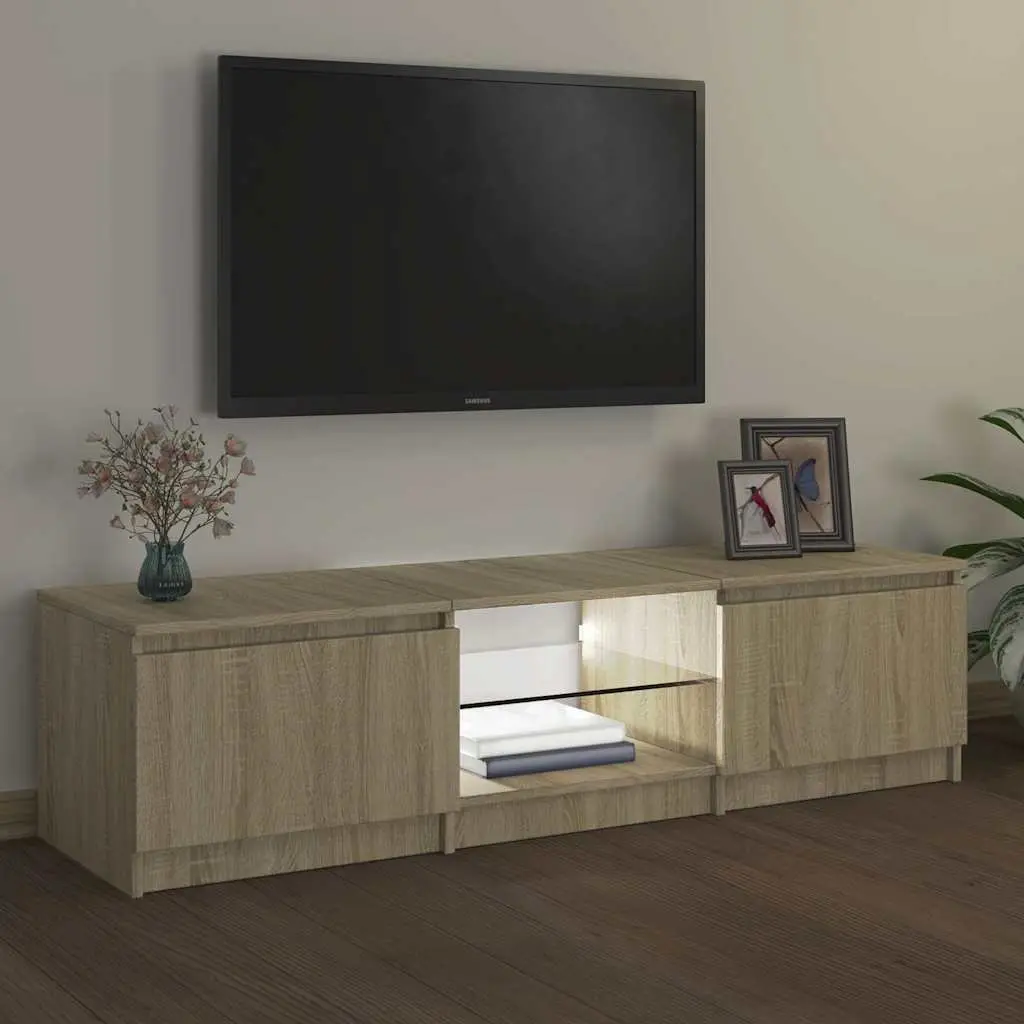 Brown Media Stand with LED Lights and Storage Space