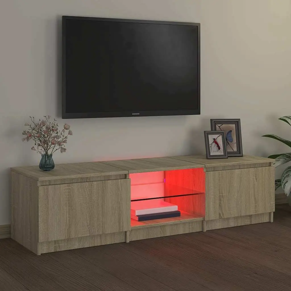 Brown Media Stand with LED Lights and Storage Space