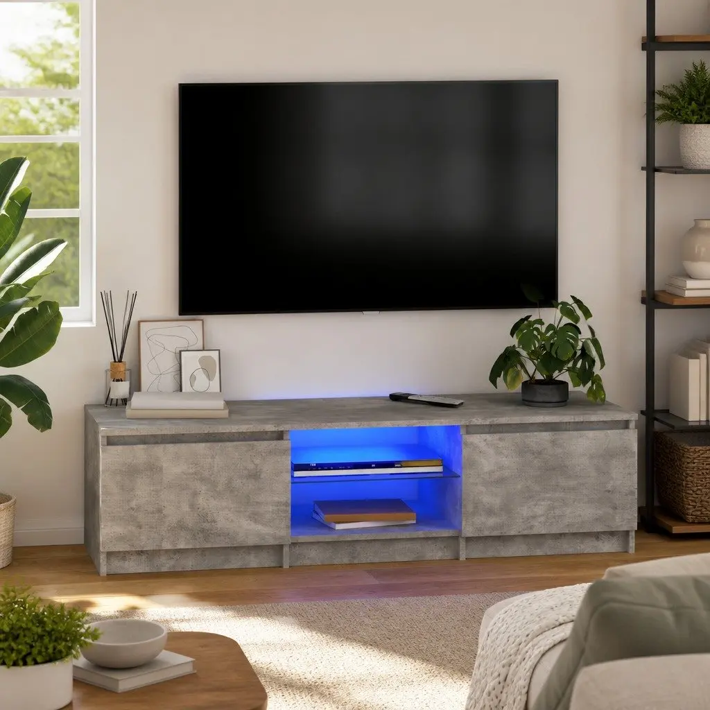 Grey TV Cabinet with LED Lighting and Ample Storage