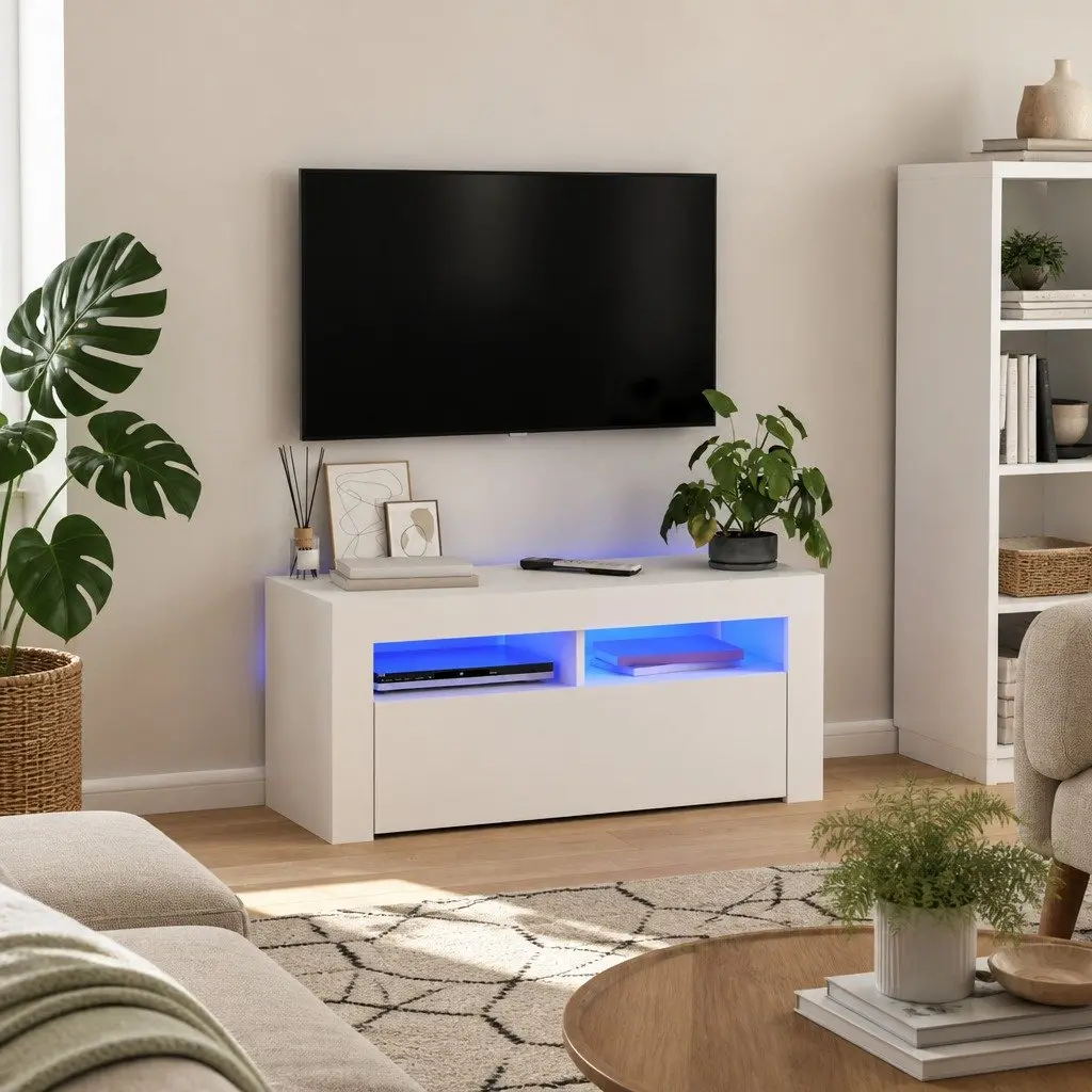 White LED TV Cabinet with Adjustable Shelves