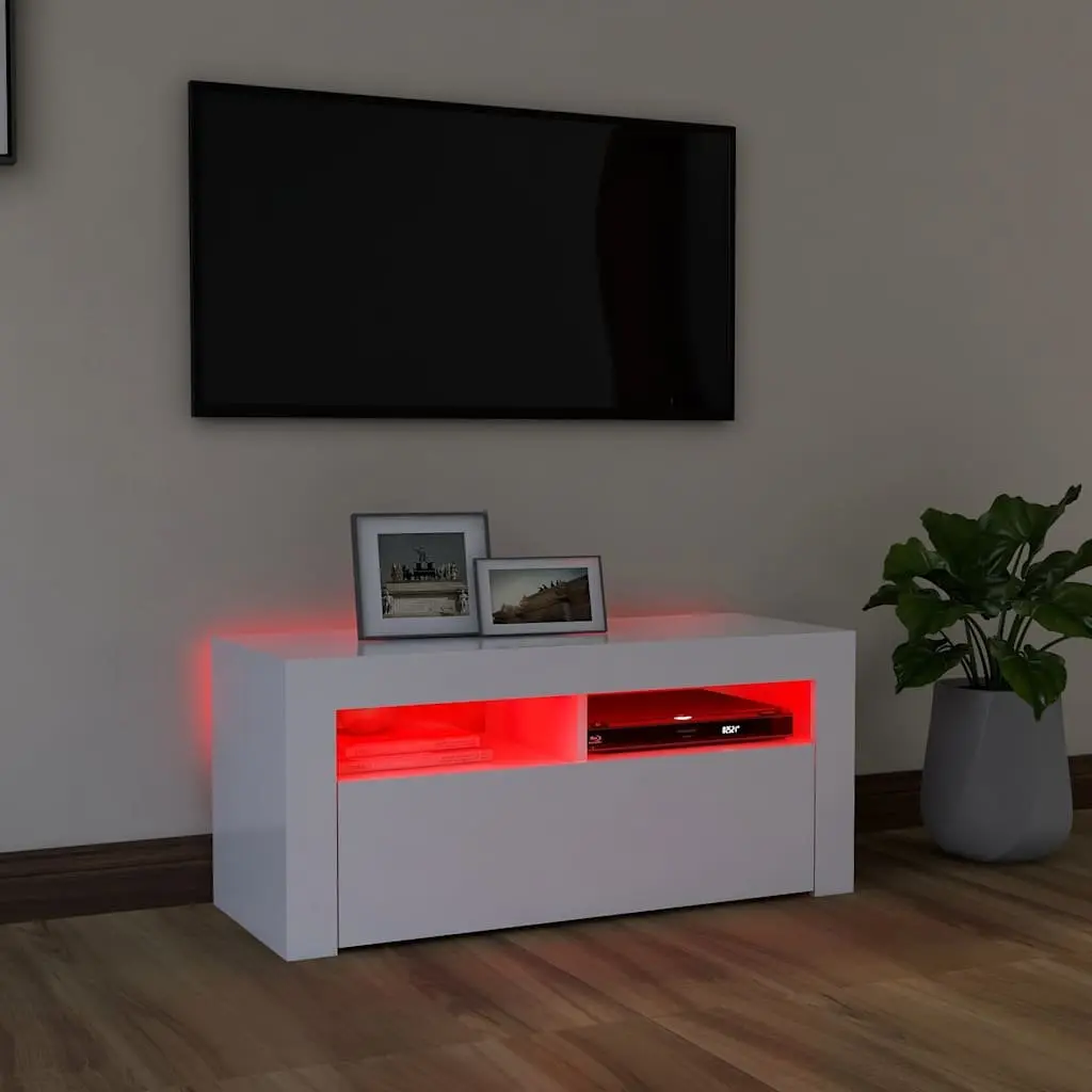 White LED TV Cabinet with Adjustable Shelves