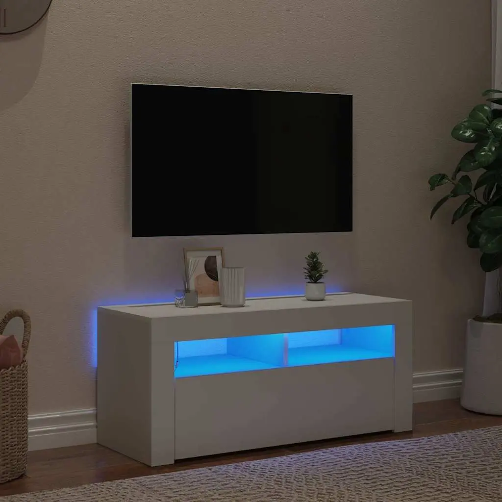 White LED TV Cabinet with Adjustable Shelves