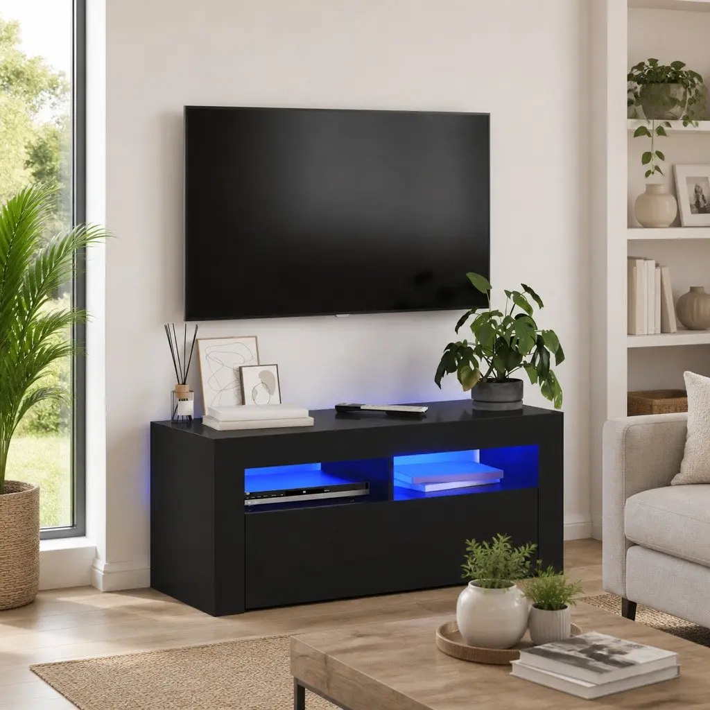 Black TV Cabinet with LED Lights and Storage