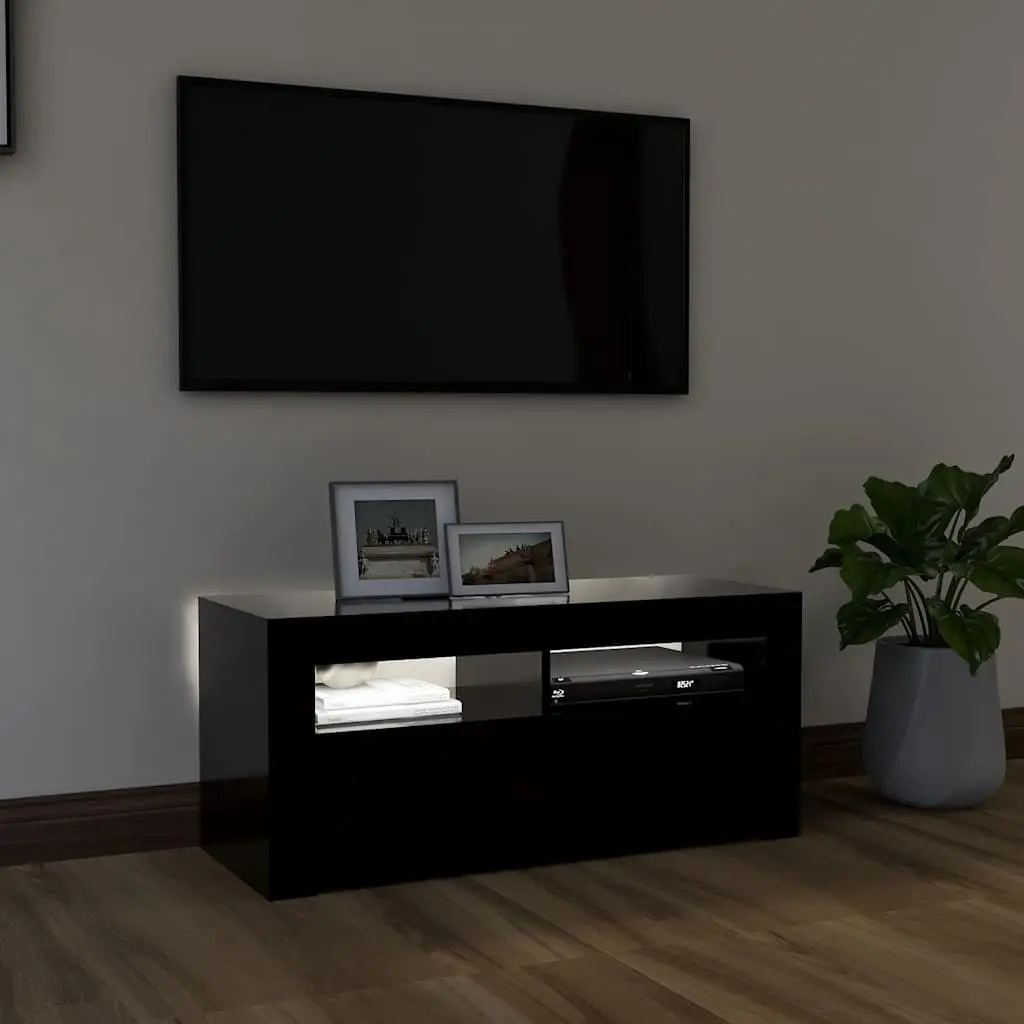 Black TV Cabinet with LED Lights and Storage
