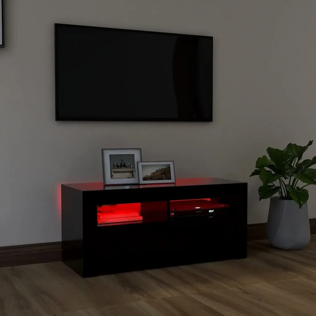 Black TV Cabinet with LED Lights and Storage