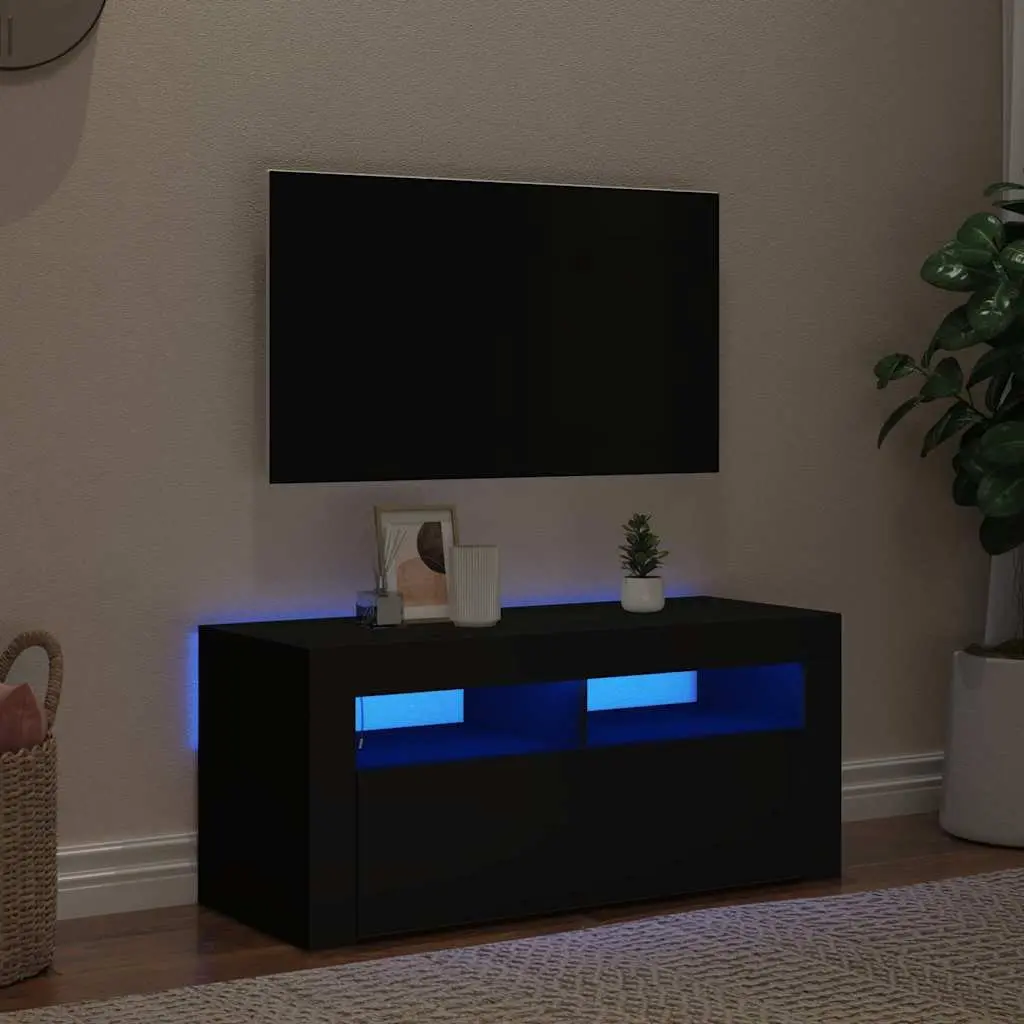 Black TV Cabinet with LED Lights and Storage