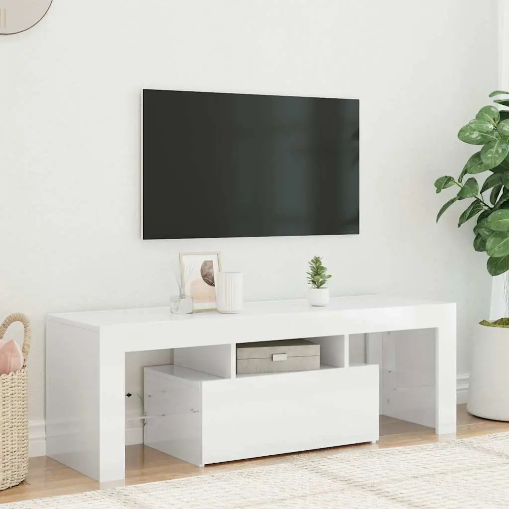 TV Cabinet High Gloss White 120 x 35 x 40 cm with RGB LED Lights Modern Media Stand Storage Unit