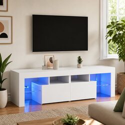 Modern White TV Cabinet with RGB LED Lights 140cm