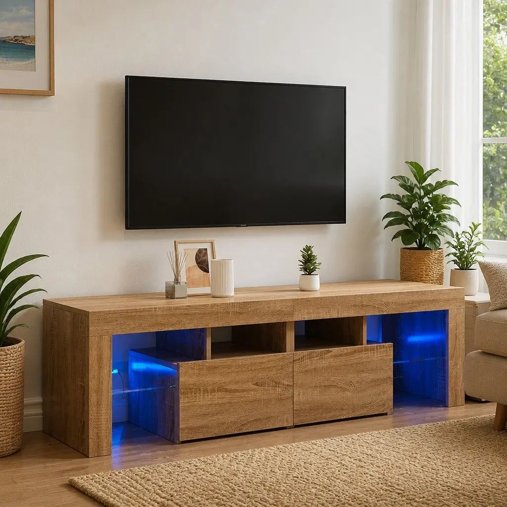 TV Cabinet Engineered Wood 140 x 36.5 x 40 cm Brown RGB LED Lights Media Stand Storage Unit
