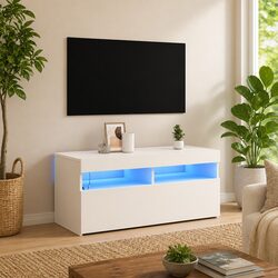 Modern White TV Cabinet with RGB LED Lights 90x35x40 cm