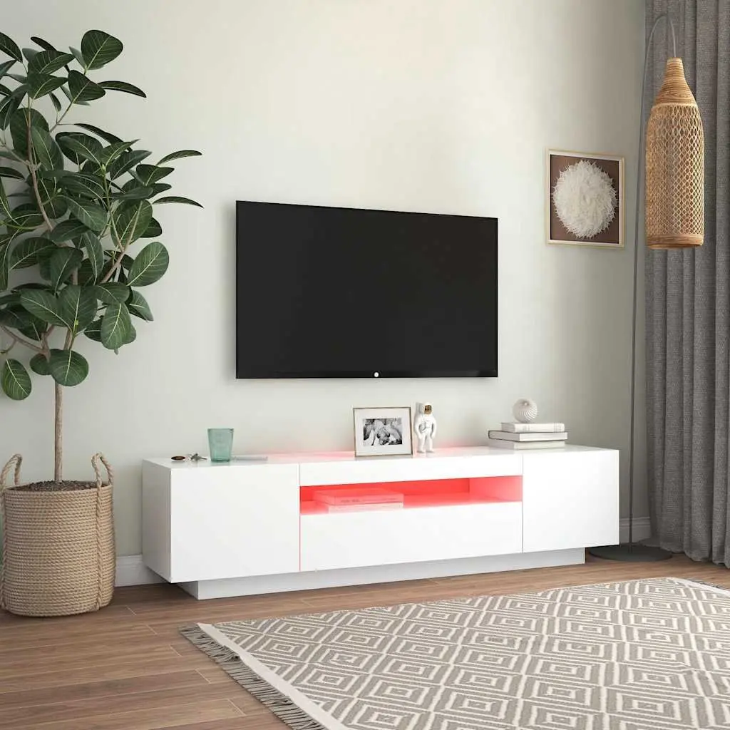 TV Cabinet with LED Lights White Floating Shelves Modern Entertainment Unit