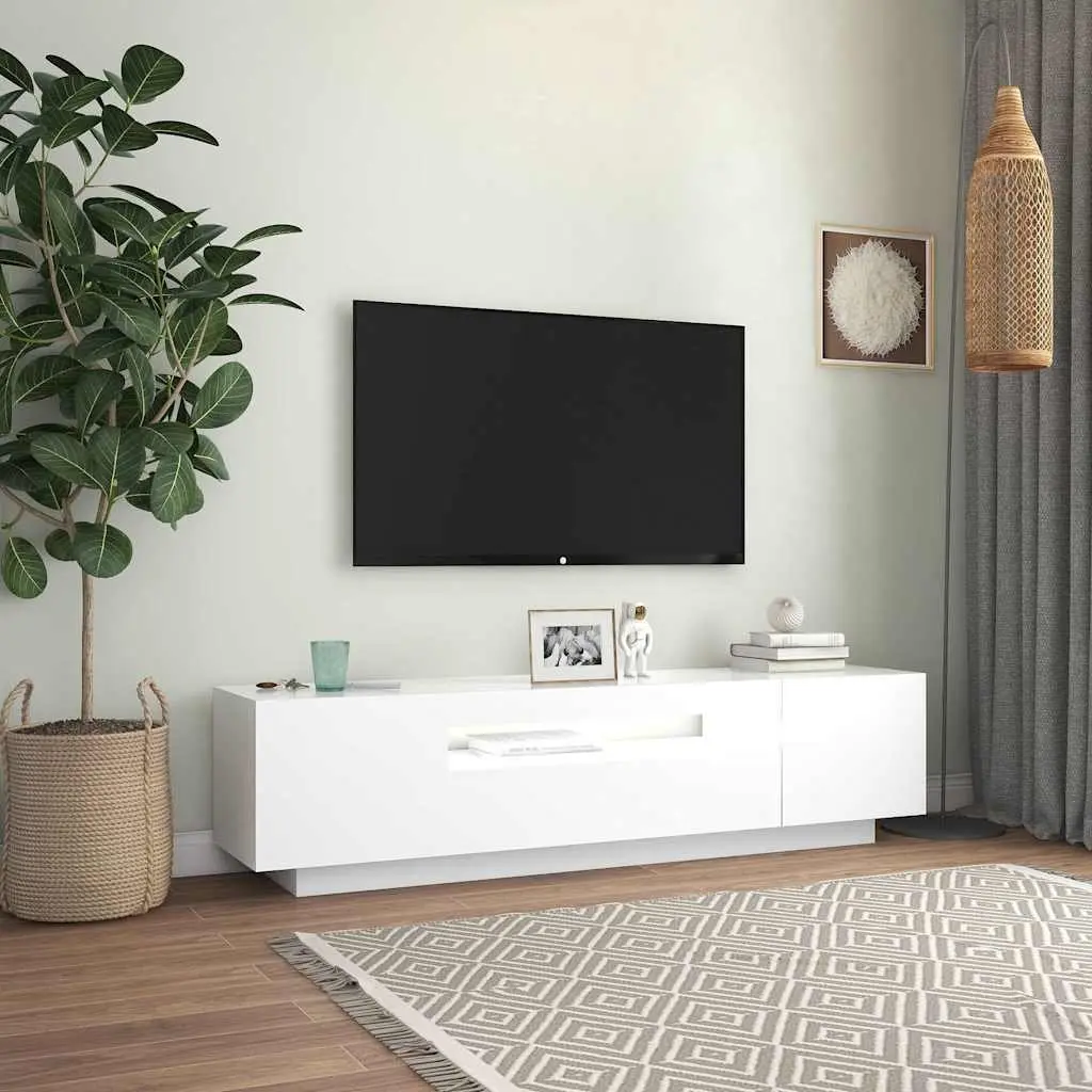 TV Cabinet with LED Lights White Floating Shelves Modern Entertainment Unit