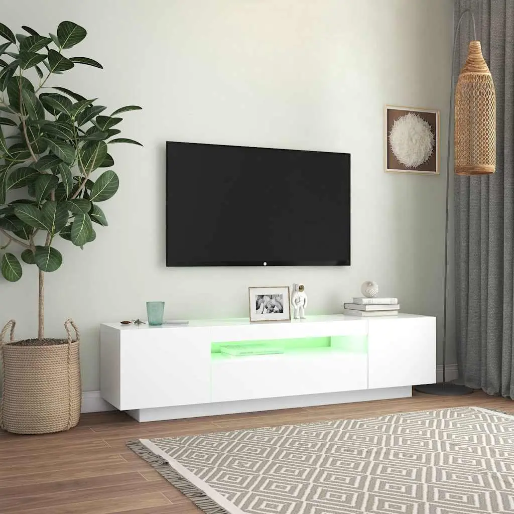 TV Cabinet with LED Lights White Floating Shelves Modern Entertainment Unit