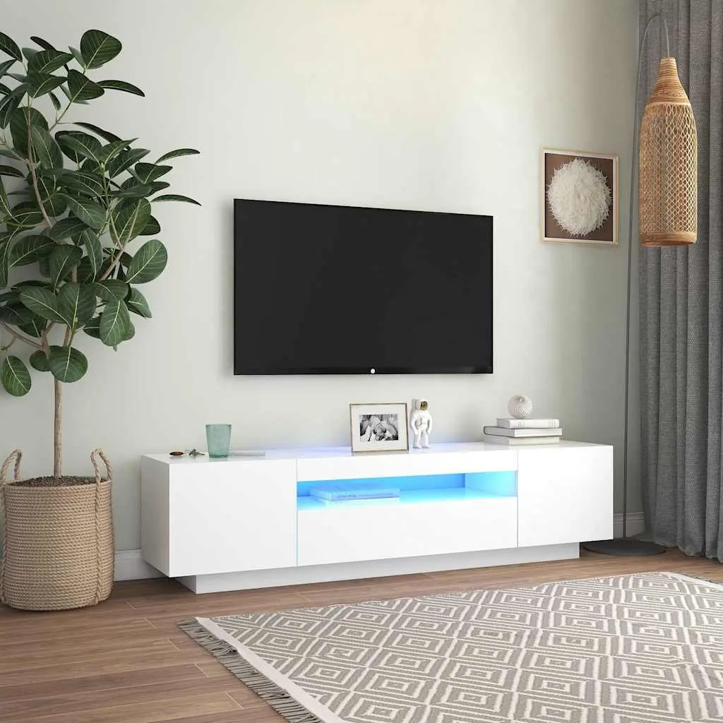 TV Cabinet with LED Lights White Floating Shelves Modern Entertainment Unit