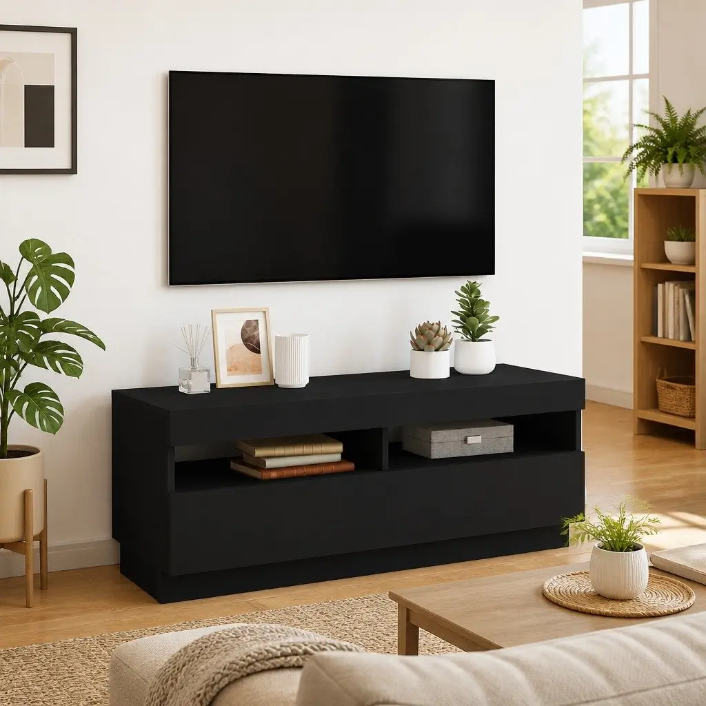 Black TV Cabinet Storage Units RGB LED Lights Media Entertainment 100x35x40cm