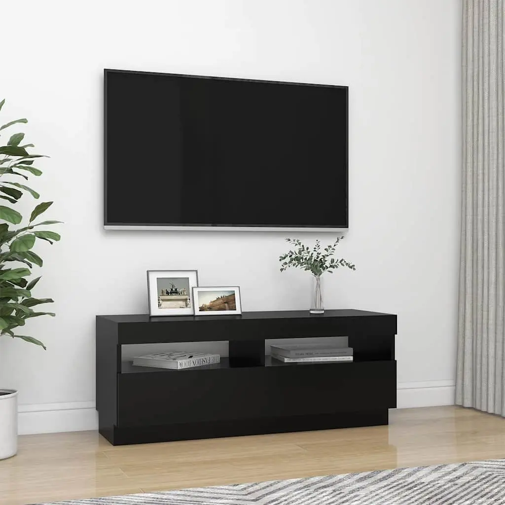 Black TV Cabinet Storage Units RGB LED Lights Media Entertainment 100x35x40cm