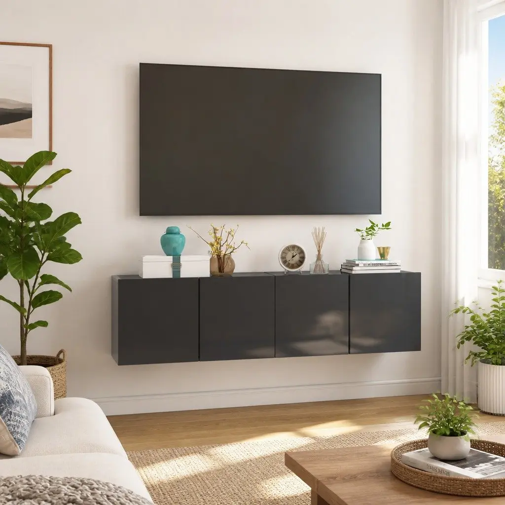 High Gloss Grey Wall-Mounted TV Cabinet Set 2 Piece