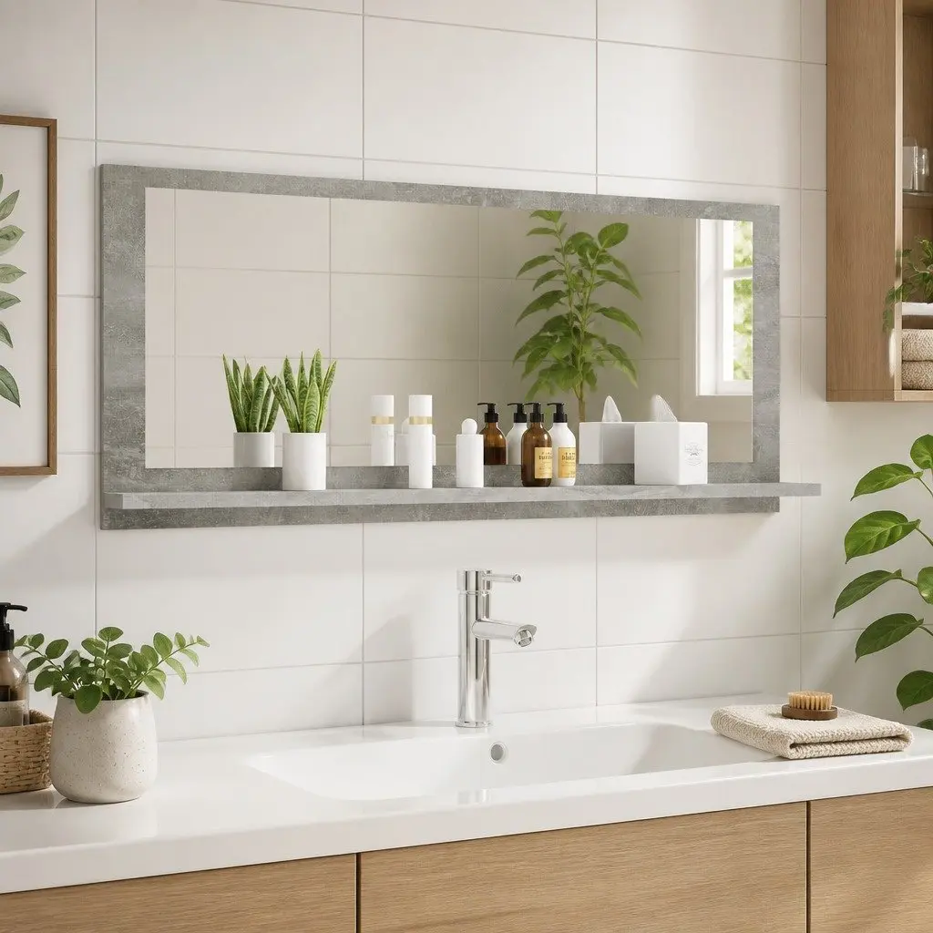 Bathroom Mirror with Storage Shelf in Grey