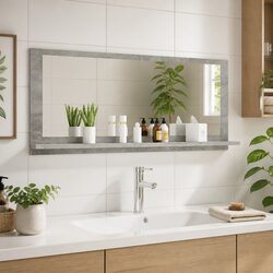 Bathroom Vanity Mirror with Storage Shelf Grey Engineered Wood Wall Mount