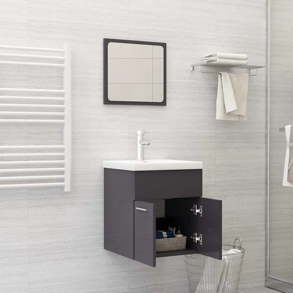 Bathroom Furniture Set Engineered Wood 2 Piece Grey High Gloss Cabinet Mirror