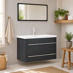 Grey 2 Piece Bathroom Furniture Set with Mirror and Cabinet