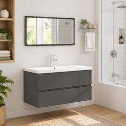 Stylish Grey High Gloss Bathroom Furniture Set with Mirror