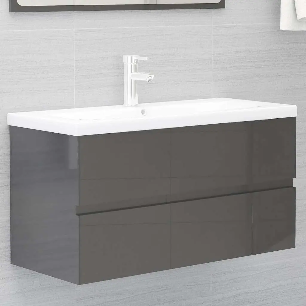 Bathroom Set Engineered Wood Grey High Gloss Cabinet Mirror