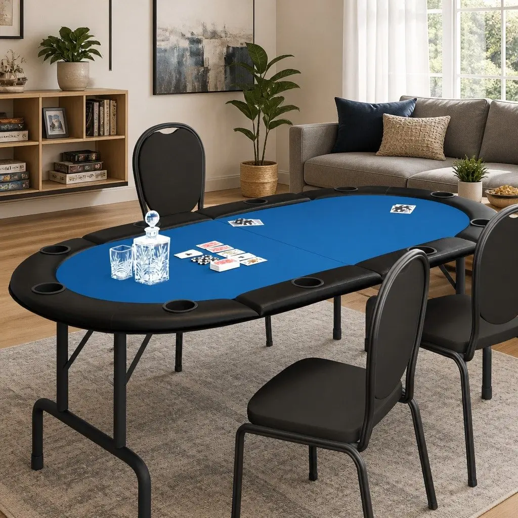 Poker Tabletop Folding Casino-Grade Felt 208 x 106 cm Blue 10-Player