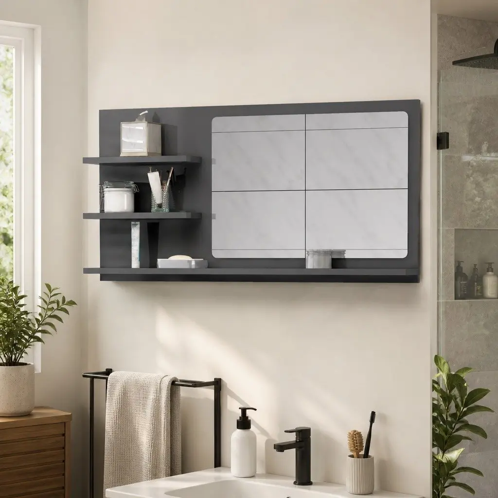 High Gloss Grey Wall Mounted Vanity Unit with Shelves