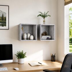 Wall Cabinet Grey 37x37x37 cm Engineered Wood Floating Shelf Storage Unit Pair