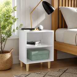 Stylish White Nightstand with Wooden Legs and Shelves