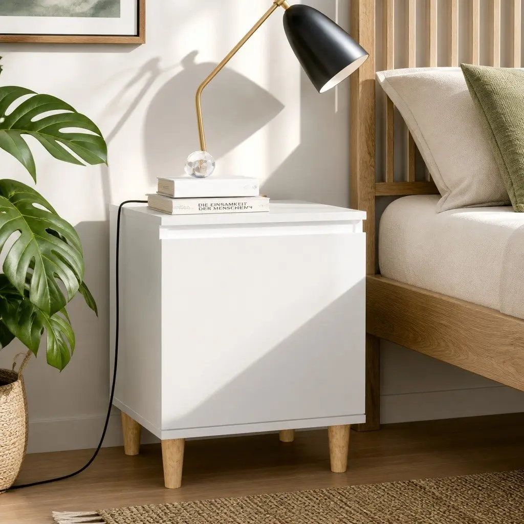Bedside Table Nightstand with Solid Wood Legs White Storage Cabinet 2 Pieces