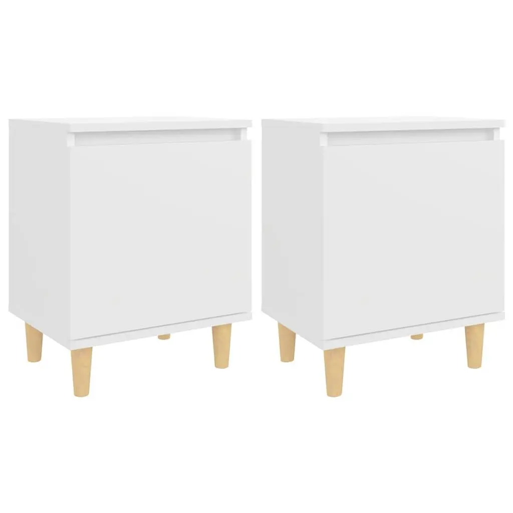 Bedside Table Nightstand with Solid Wood Legs White Storage Cabinet 2 Pieces