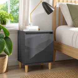 High Gloss Grey Nightstand with Wooden Legs and Storage