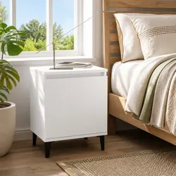 Sturdy White Bedside Table with Metal Legs and Storage