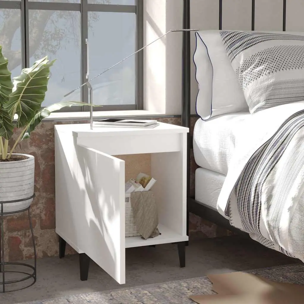 White Bedside Table with Metal Legs and Storage
