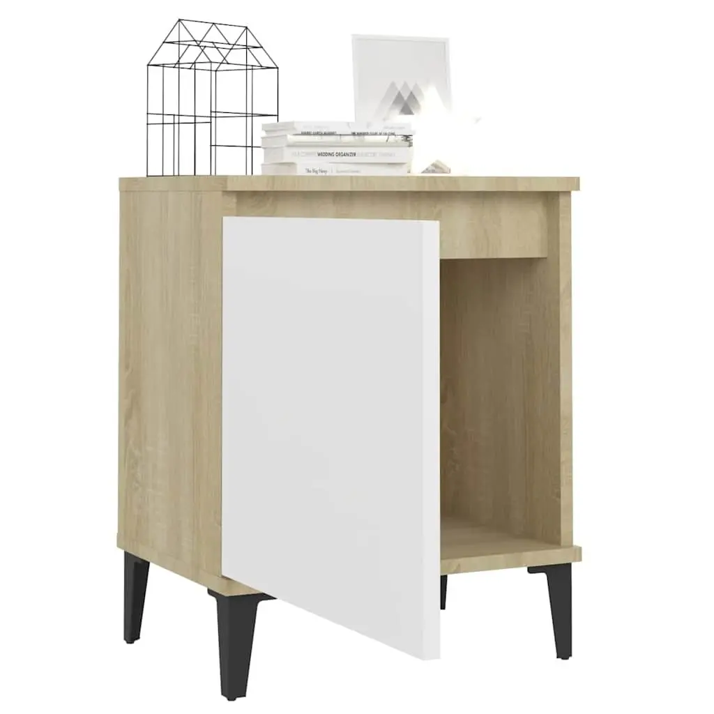Bedside Table Bed Cabinet Metal Legs Sonoma Oak and White Nightstand Storage