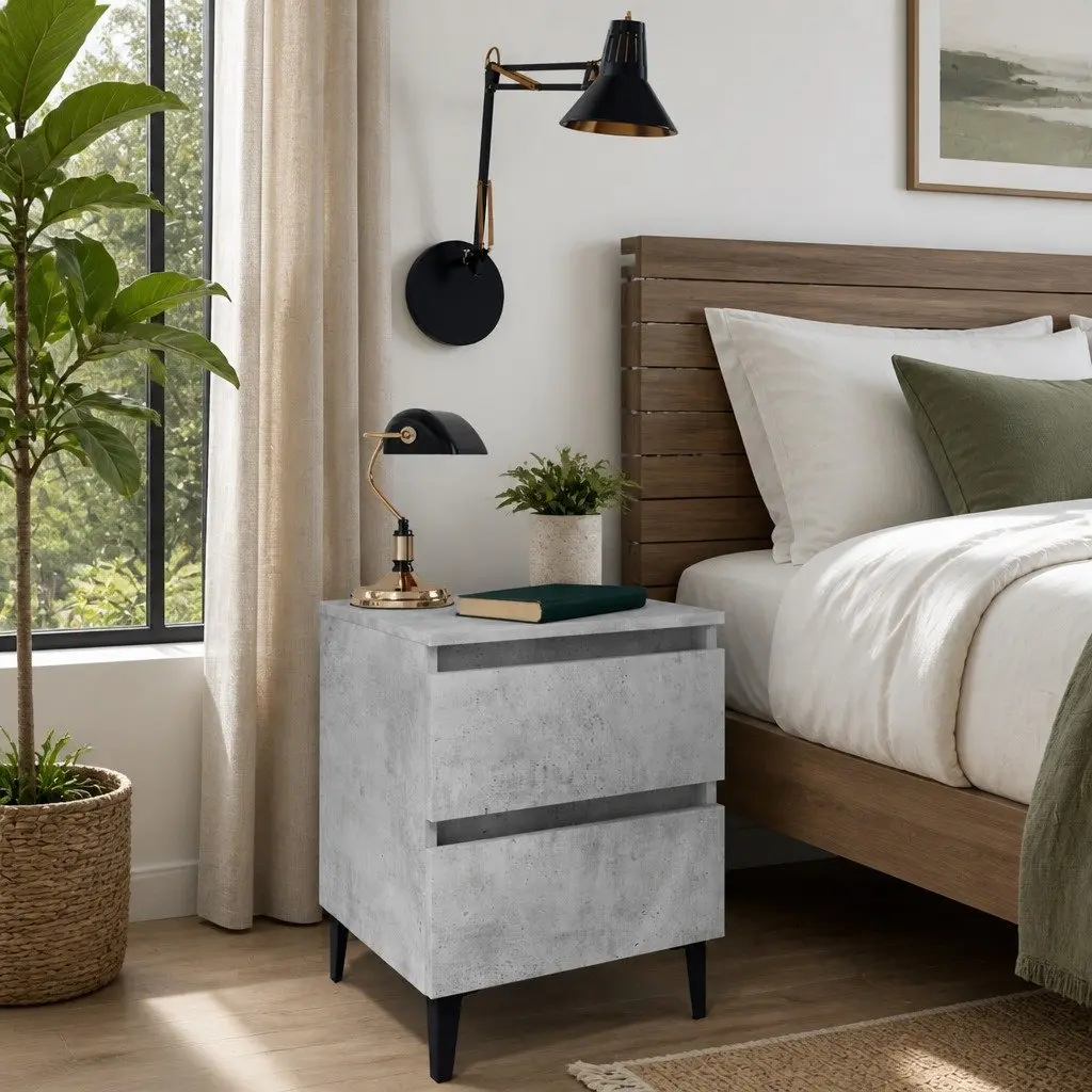 Grey Bedside Table with 2 Drawers and Metal Legs