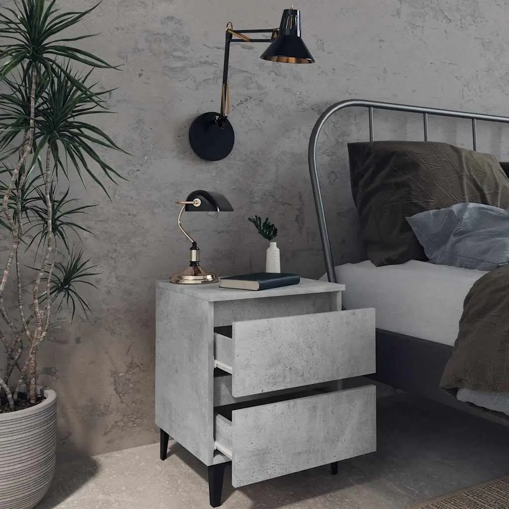 Grey Bedside Table with 2 Drawers and Metal Legs