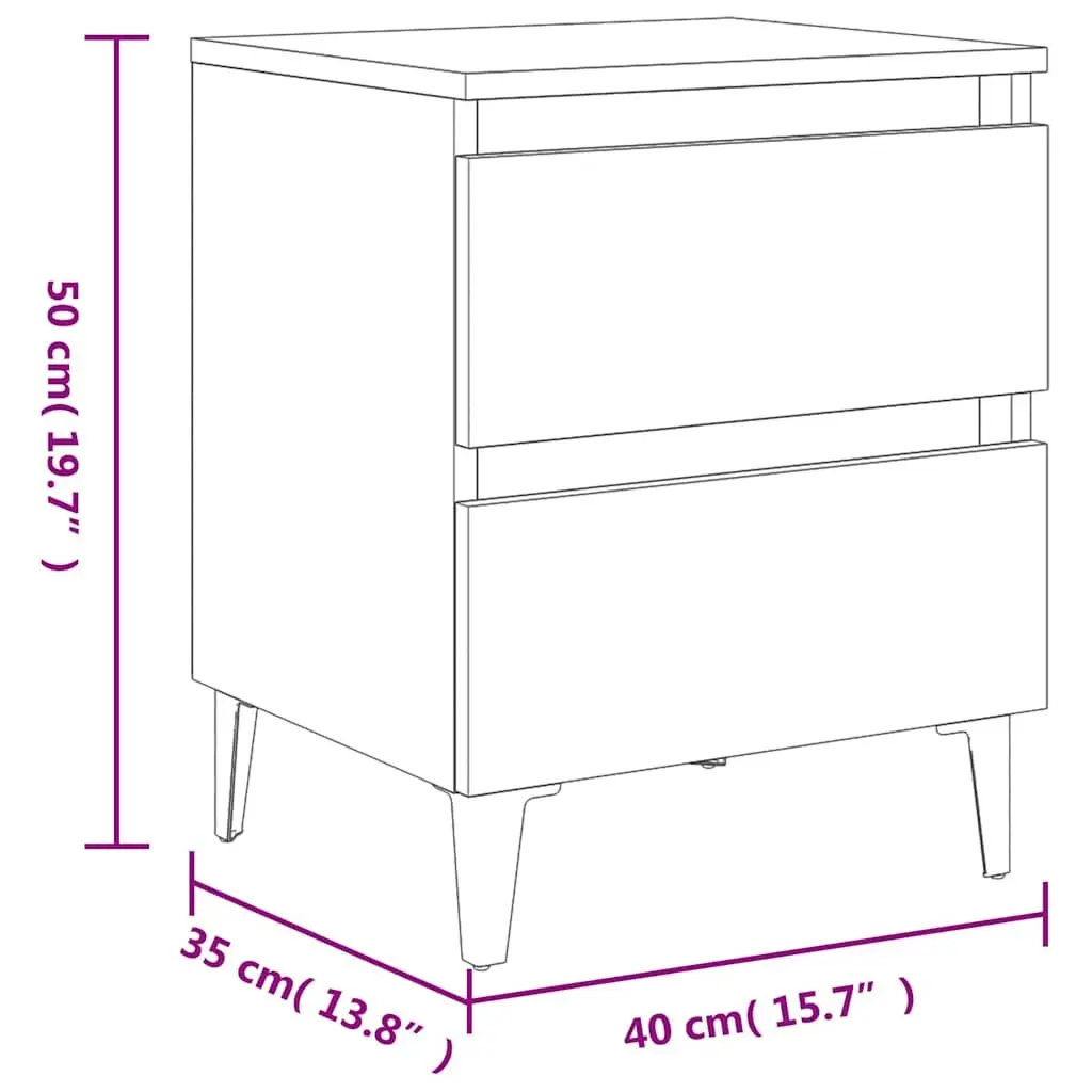 Grey Bedside Table with 2 Drawers and Metal Legs