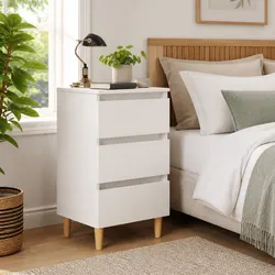 Stylish White Nightstand with 3 Drawers and Solid Legs