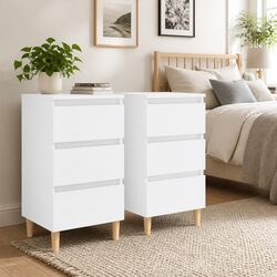 Bedside Table White 40x35x69cm Solid Wood Legs Storage Drawers Nightstand