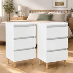High Gloss White Bedside Table Set with Wooden Legs