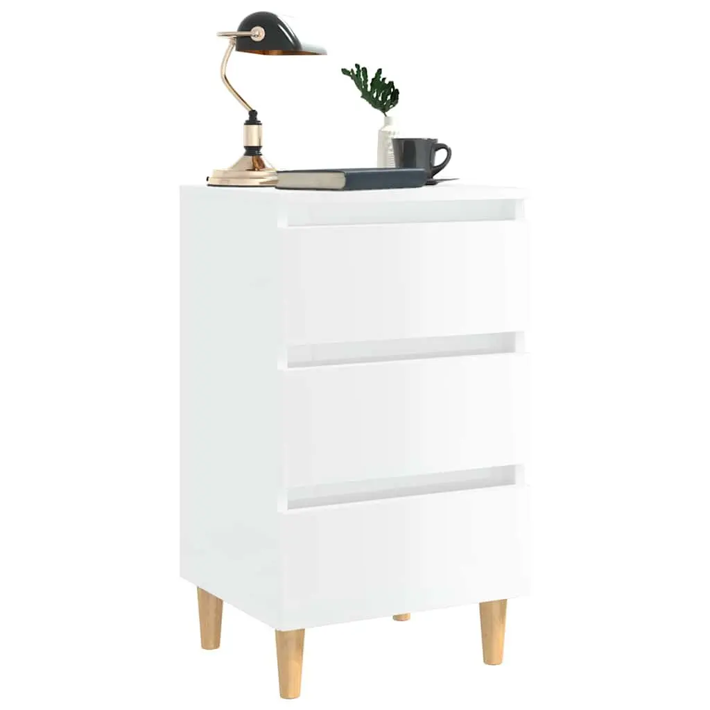 High Gloss White Bedside Table Set with Wooden Legs