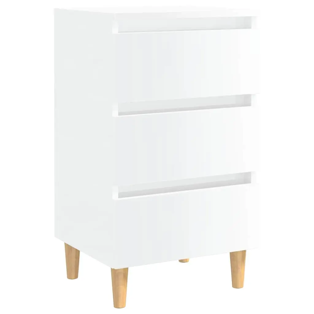 High Gloss White Bedside Table Set with Wooden Legs
