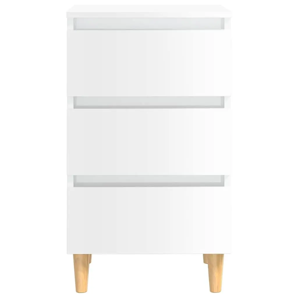 High Gloss White Bedside Table Set with Wooden Legs