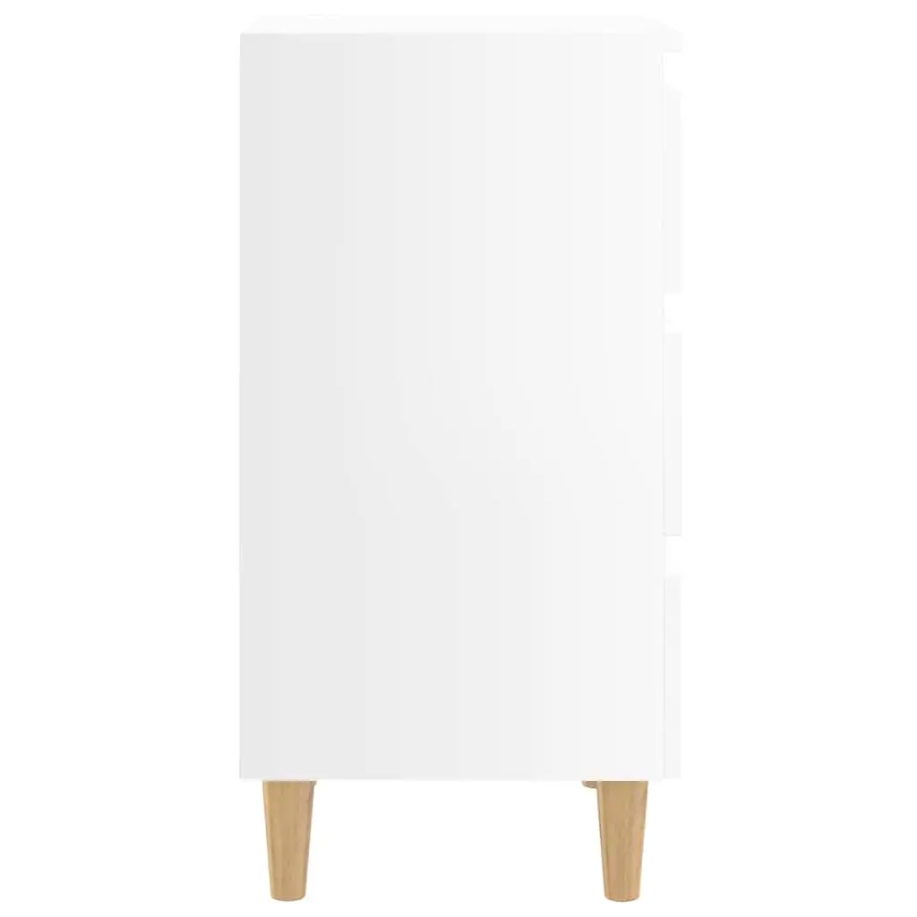 High Gloss White Bedside Table Set with Wooden Legs