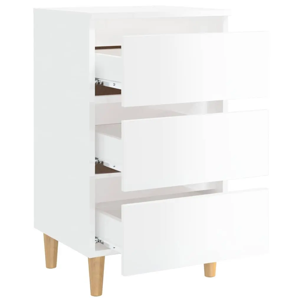 High Gloss White Bedside Table Set with Wooden Legs