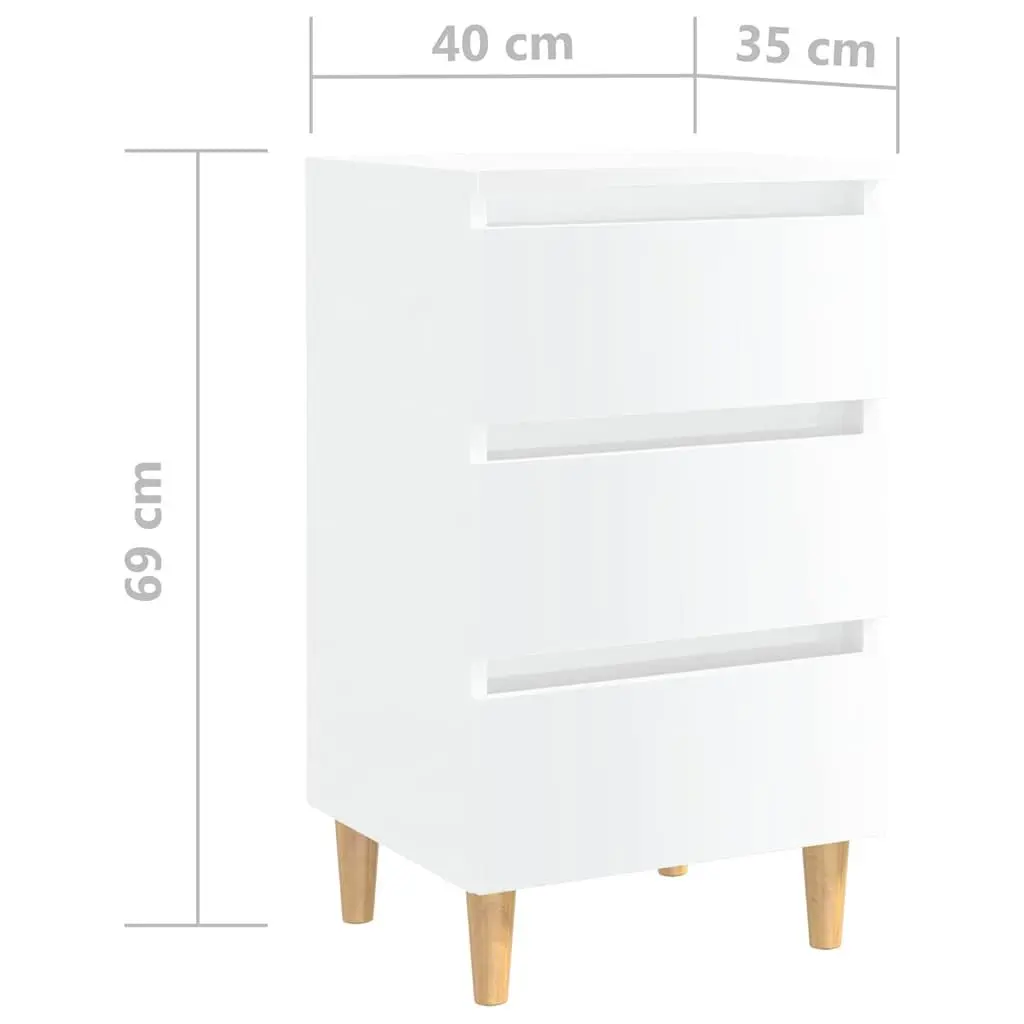 High Gloss White Bedside Table Set with Wooden Legs