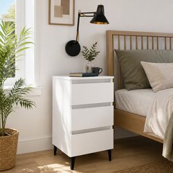 Durable Bedside Table with Metal Legs and Three Drawers